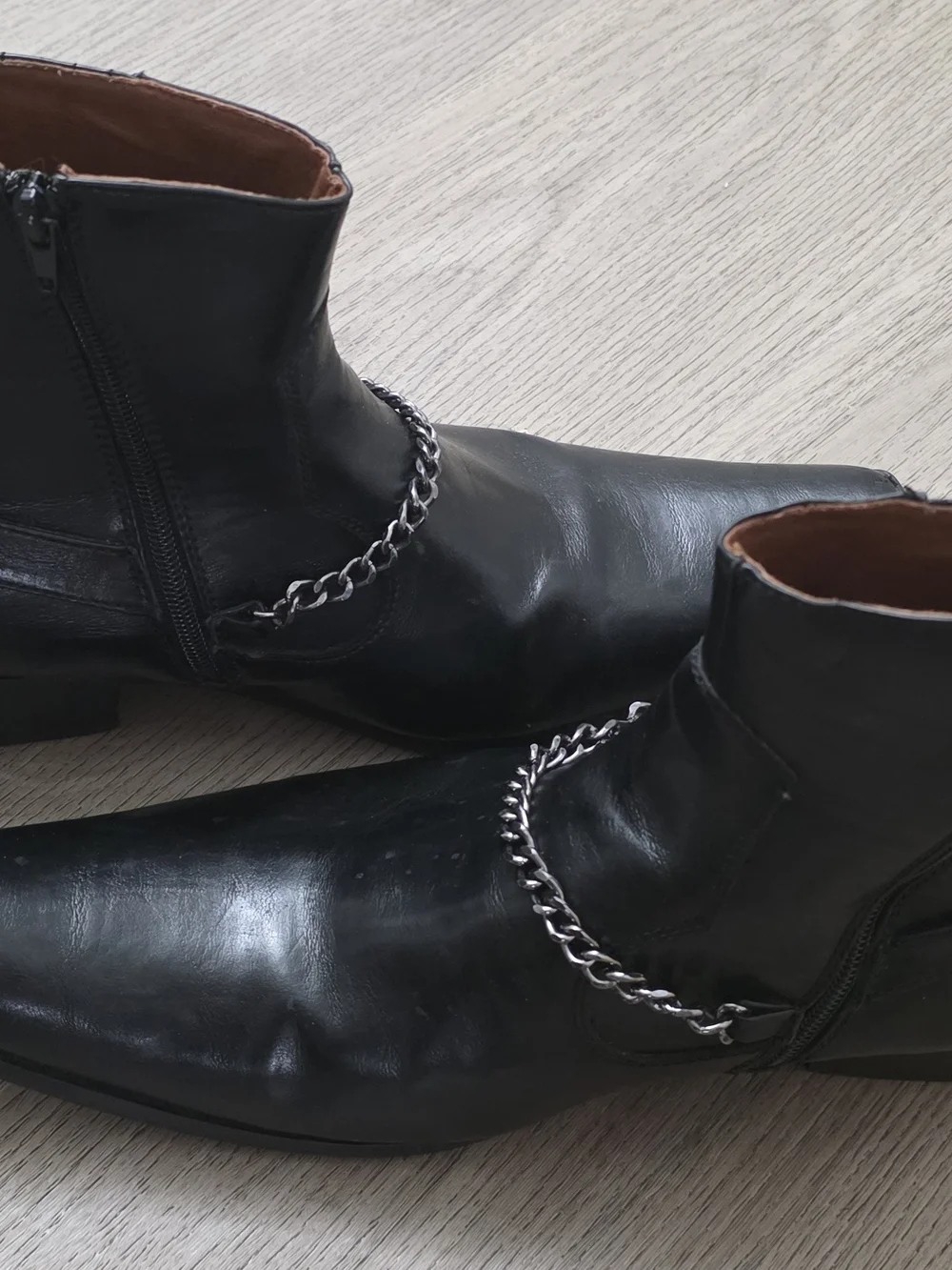 Men's Black Leather Ankle Boots with Silver Chain Accent Size 11